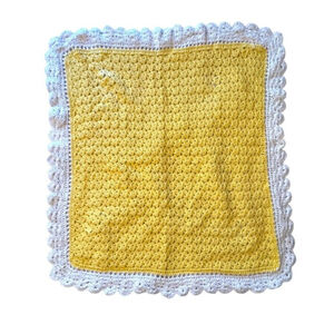 Hand-Crochet Yellow Square Baby Blanket 43” X 39” Scallop White Edge Trim